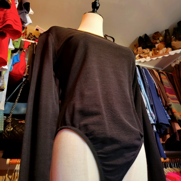 ANN TAYLOR ♡ Sweet Vintage Black Ribbed Adjustable Snaps Long Sleeve Bodysuit M - Picture 8 of 17